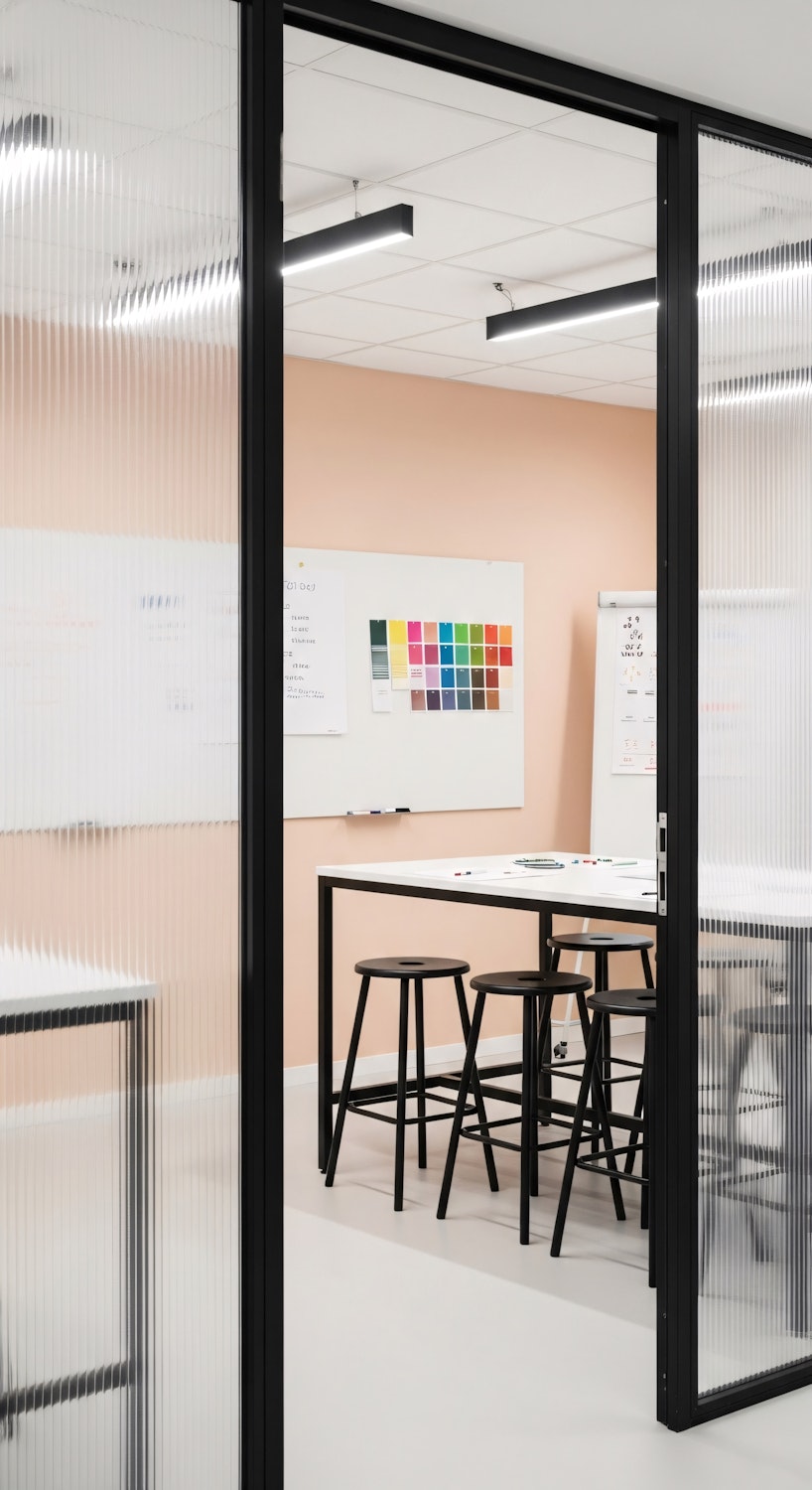 Studio workspace with a peach wall, black stools, and a whiteboard of colour swatches
